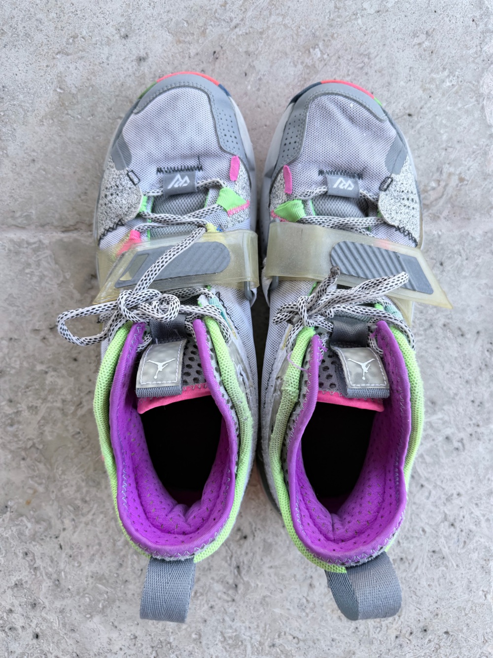 Jordan Gray Athletic Sneakers with Purple, Neon Green & Pink Accents